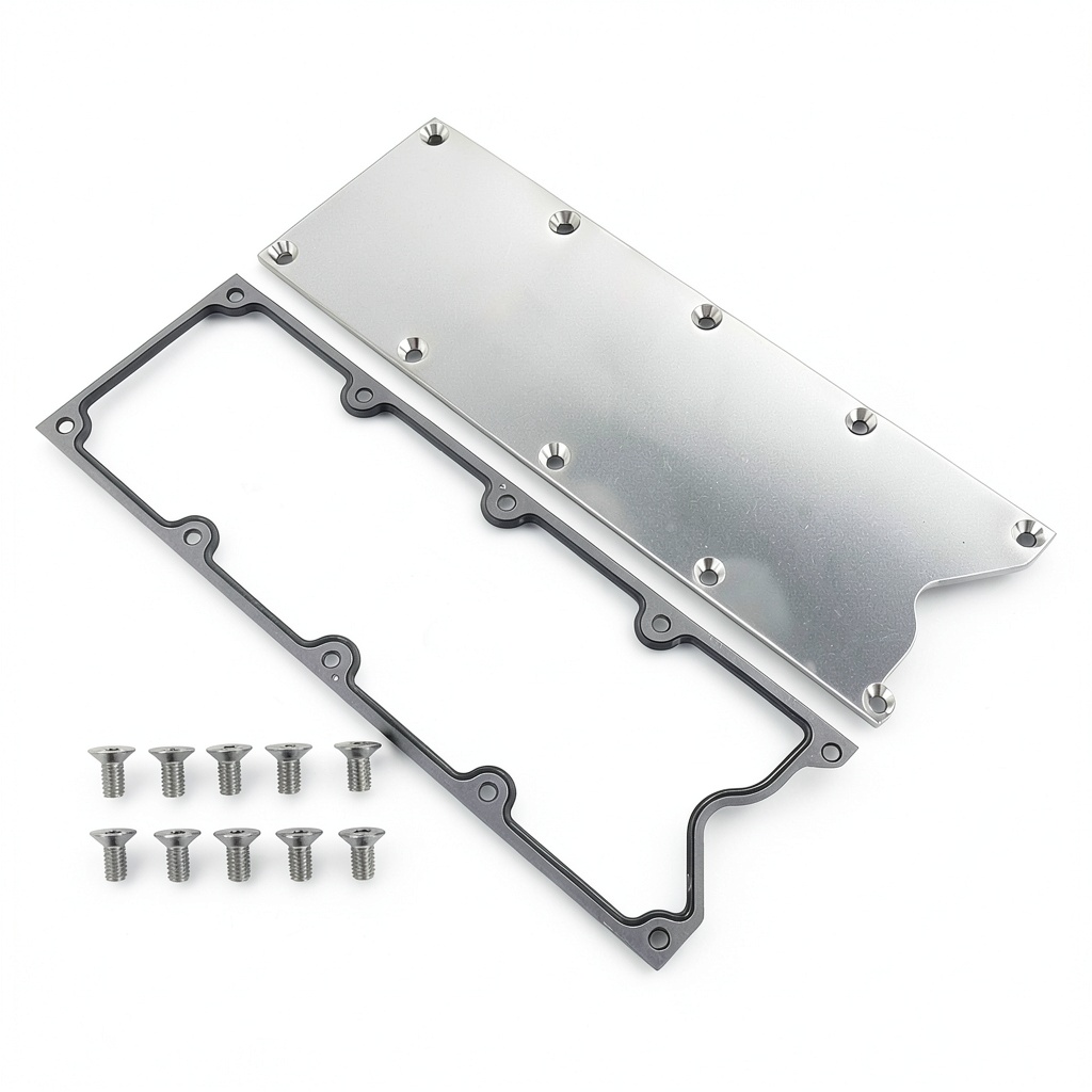SMTRUILAN aluminum valley pan cover installed on a Chevrolet Silverado engine