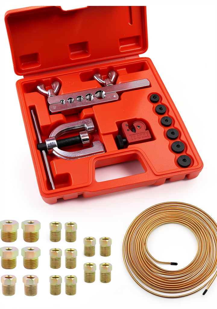 Installing carleef Brake Line Flaring Kit 3/16 Red 25Ft Copper Nickel Hose on a wooden bench