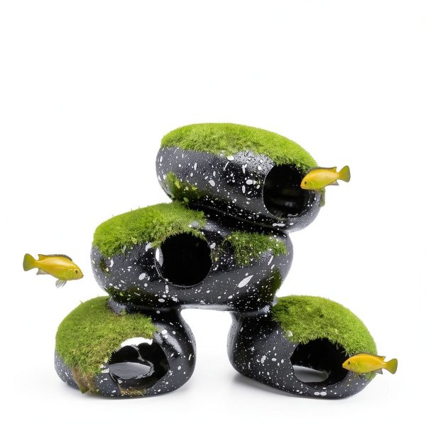 Stone Aquarium Hideaway Decoration PINVNBY Resin Rock with Moss 4‑Cave-1